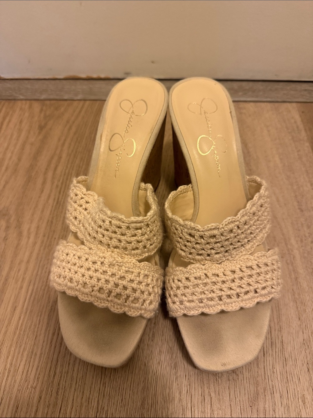Jessica Simpson Crochet Two-Band Slide Sandals in Cream